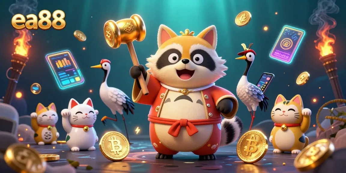 Experience excitement with ea88's cheerful tanuki and crypto elements in a vibrant casino scene.