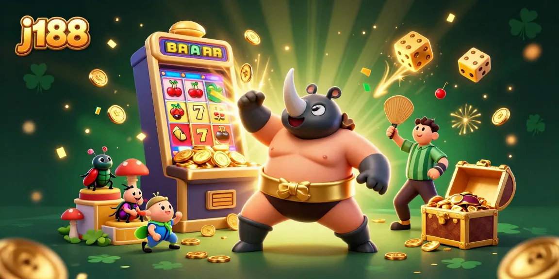 Win big with j188's exciting atmosphere featuring a sumo champion beetle and slot machine explosion.
