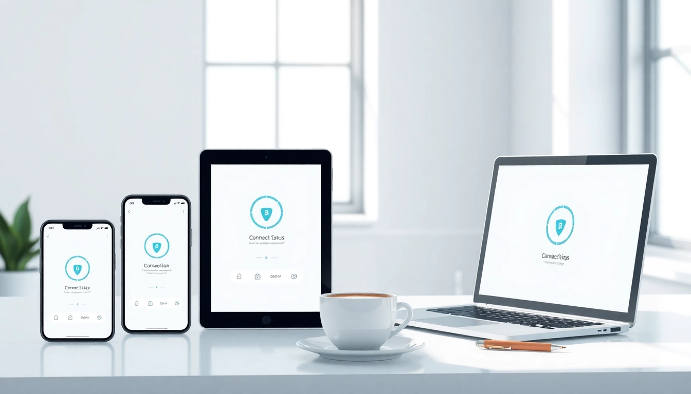 快连下载 interface displayed on multiple devices showcasing security features in a modern workspace.
