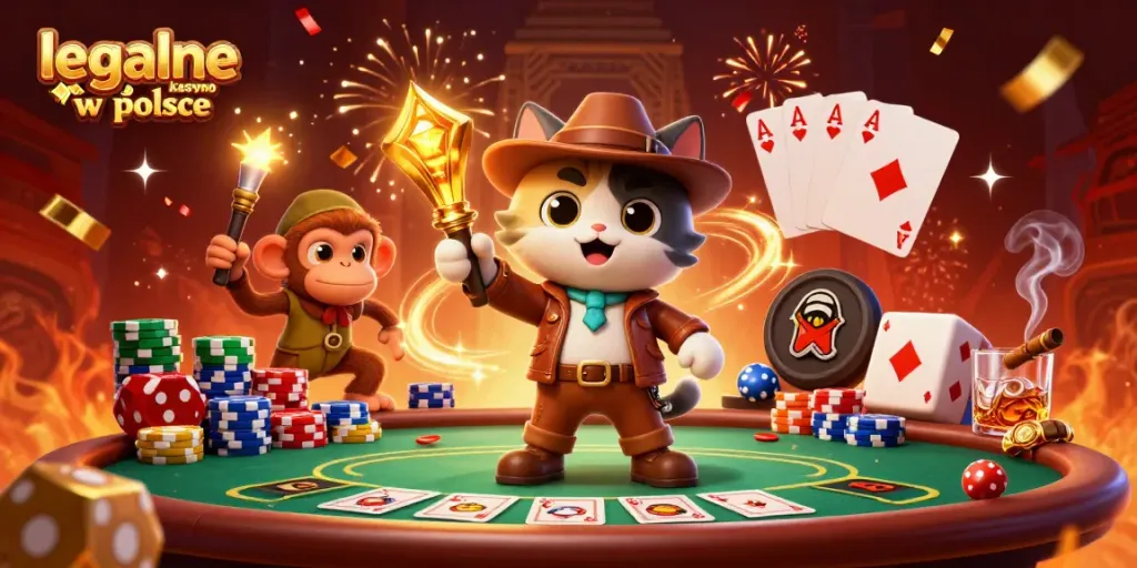 Play and win at legalne kasyno w polsce with a lively 3D casino adventure illustration.