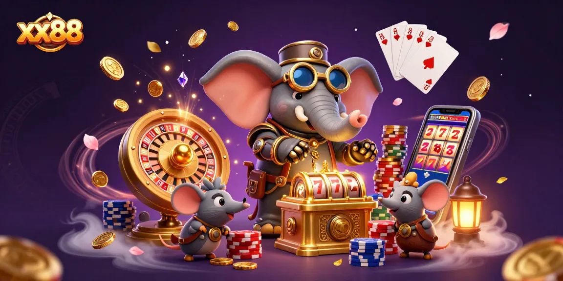Engage with xx88's innovative gaming realm featuring a steampunk elephant and classic casino elements.