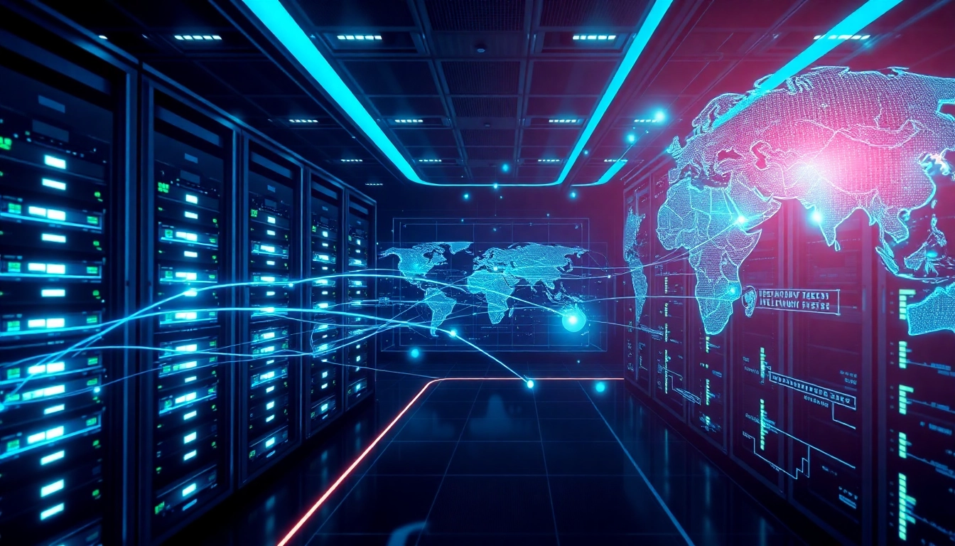 快连官网 showcasing a futuristic server room highlighting global network acceleration technology