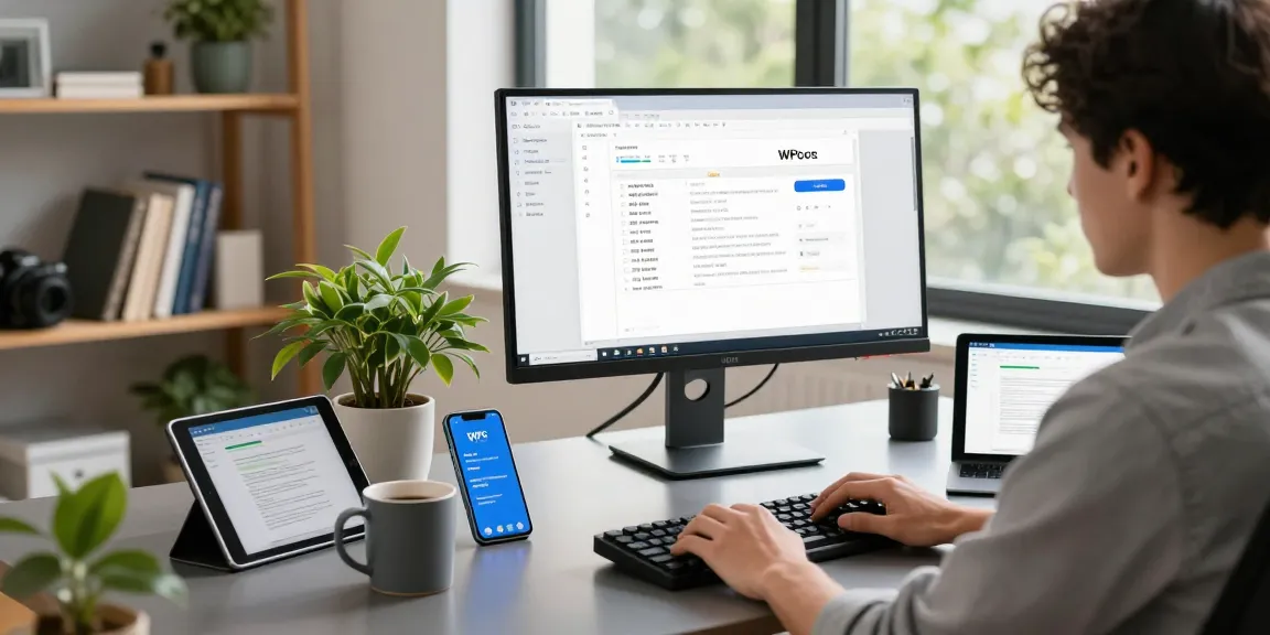 WPS Download in a sleek home office with a professional using WPS Office software on a large monitor.