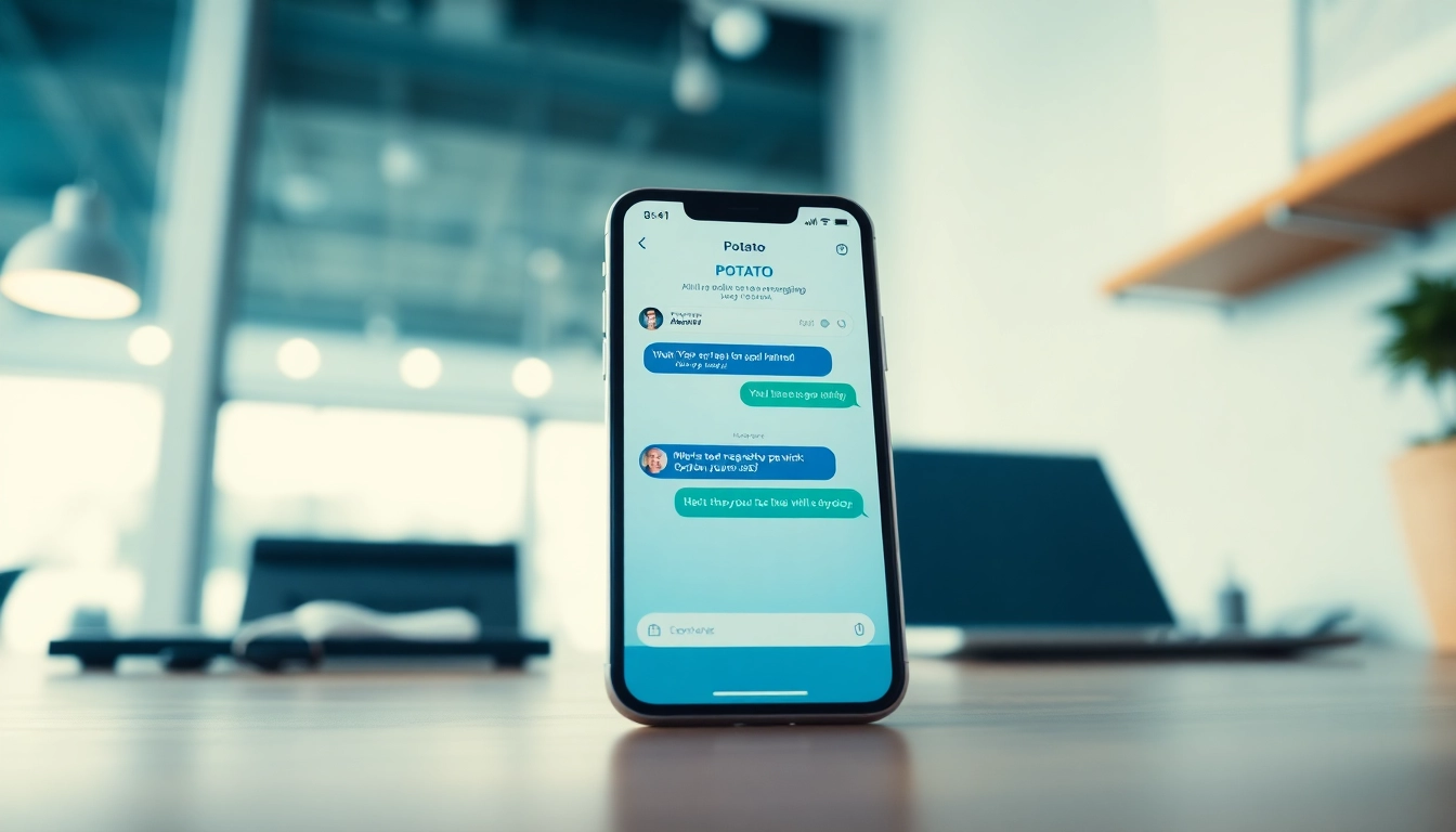 Potato messaging app on a smartphone screen in a modern workspace, emphasizing security and privacy.