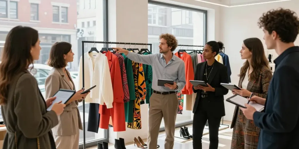 Discussing hurt markowej odzieży in a vibrant fashion showroom.