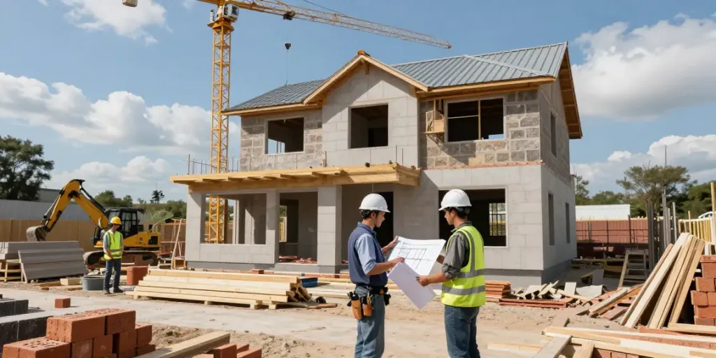 Analiza kosztów budowy domu na placu budowy z doświadczonym pracownikiem analizującym plany architektoniczne.