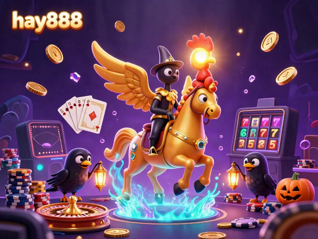Experience the magic of hay888 with a golden rooster in a vibrant casino scene filled with coins and excitement.