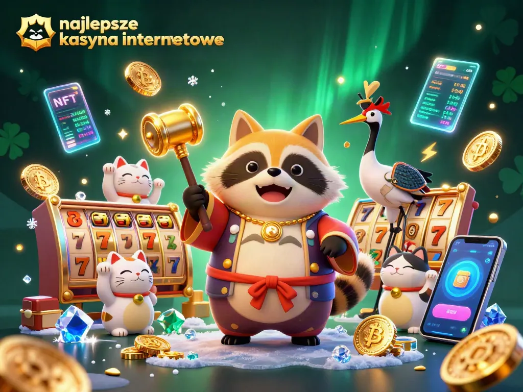 Engaging scene featuring najlepsze kasyna internetowe illustrated with cheerful tanuki, crypto elements, and festive decorations.