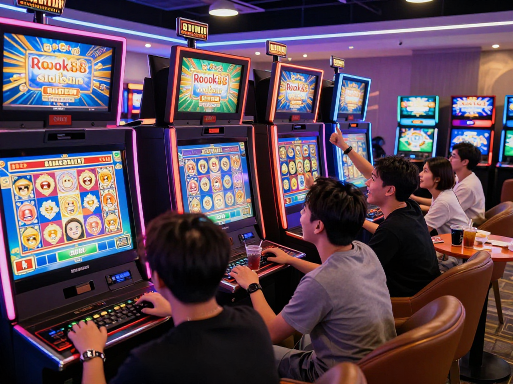 Excited players engaging at rokok88 slot login in a vibrant online casino setting.