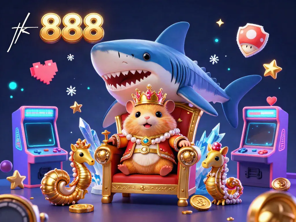 Engage with tk 888 casino's exciting gaming world featuring a golden hamster king amidst vibrant arcade elements.