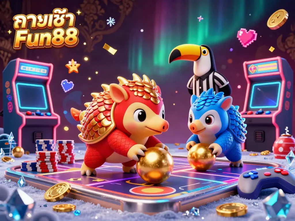 Enjoy the excitement of ทางเข้า Fun88 with battling pangolins in a vibrant game-themed casino scene, enhanced with dazzling graphics.