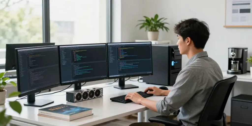 Workspace with a developer configuring a vps setup on multiple monitors in a bright office.