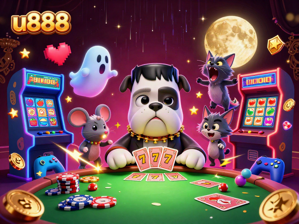 u888 gaming action with Frankenstein bulldog, ghost mouse, and werewolf kitten at a vibrant casino table
