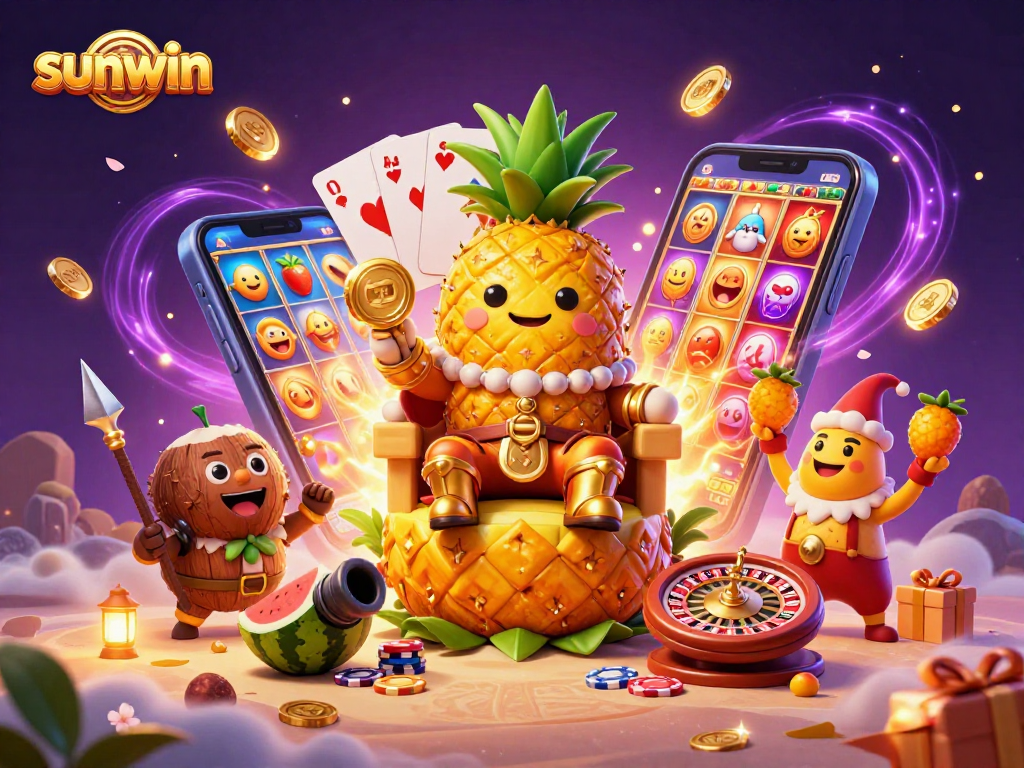 Play the thrilling sunwin slot game with vibrant characters and a colorful casino scene.