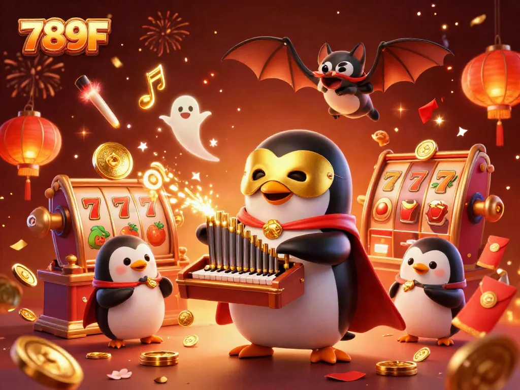 Experience the thrilling excitement of 789F with a rich 3D casino scene featuring a penguin, bat acrobat, and dynamic game elements.