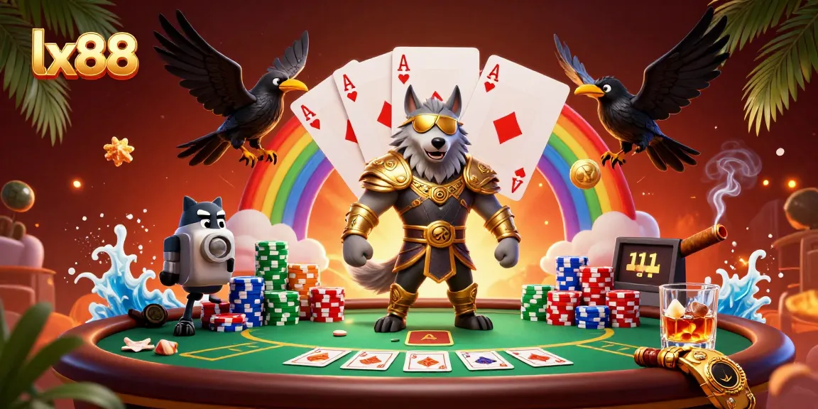 Engage with lx88's vibrant casino world featuring Odin and ravens amidst poker excitement.