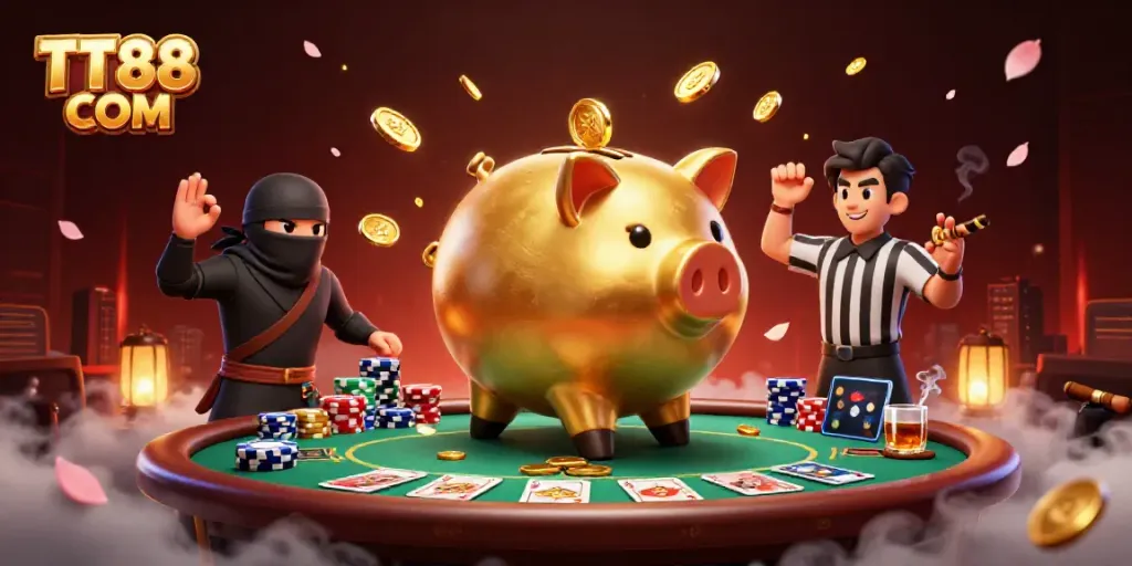 Exciting scene featuring TT88 COM with a golden piggy bank wrestler and ninja, surrounded by poker elements.