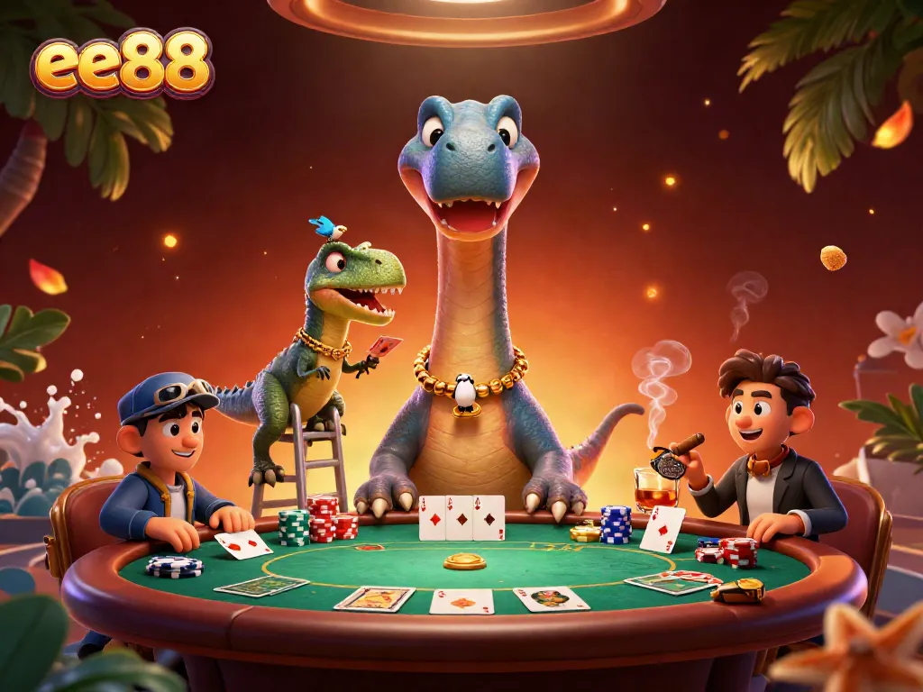 Engage with ee88 in an ultra-detailed 3D poker scene featuring a dinosaur dealer and vibrant game elements.