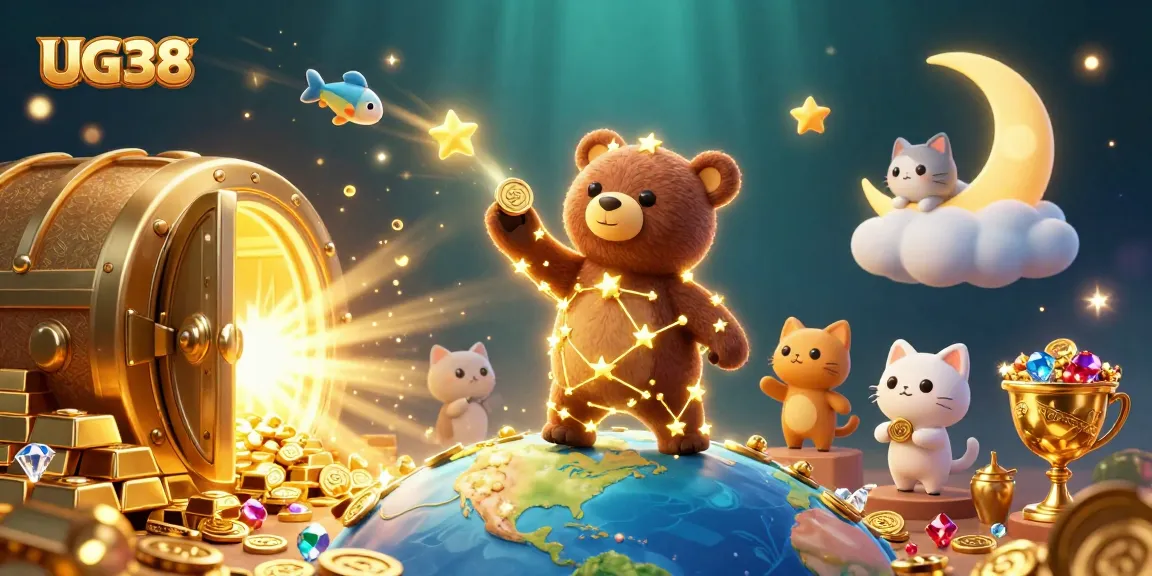 Engage with the vibrant UG38 casino scene featuring golden treasures, cartoon characters, and dazzling effects.