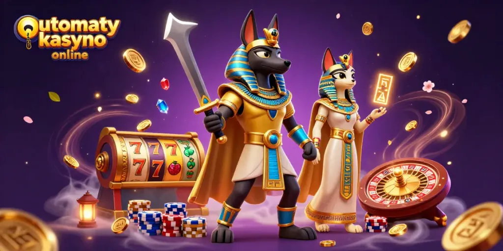 Engage with automaty kasyno online through an epic scene of Anubis and Bastet in a vibrant casino setting.