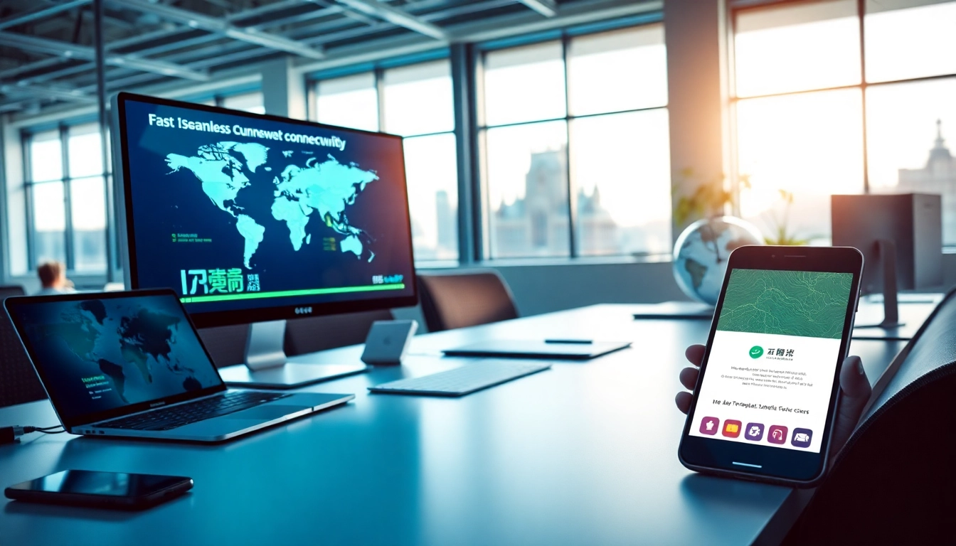 Modern office workspace with high-tech devices displaying 快连官网 for seamless global connectivity.
