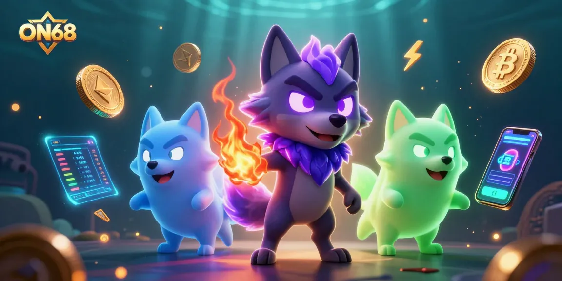 Experience the dynamic world of ON68 with ghostly wolves and crypto elements in a vibrant casino scene.