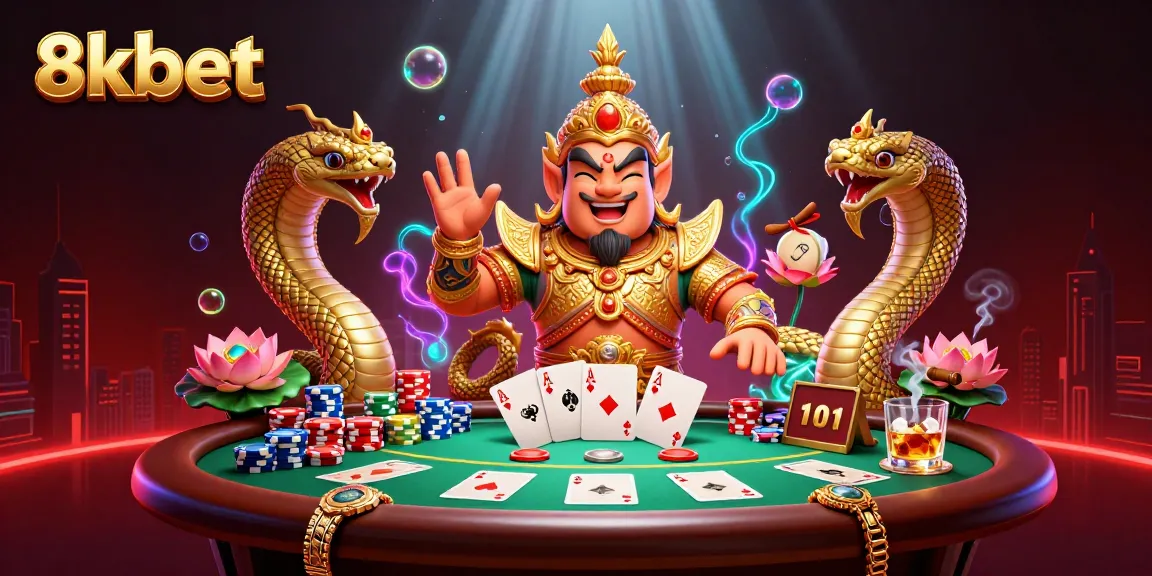 Engage with thrilling poker action at 8kbet, featuring vibrant guardians and colorful chips.