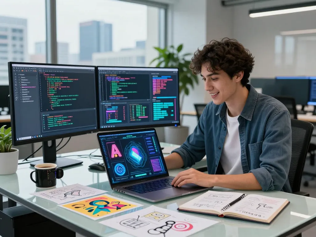 Engaging professional exploring crush on ai in a modern tech workspace with vibrant designs and digital screens.