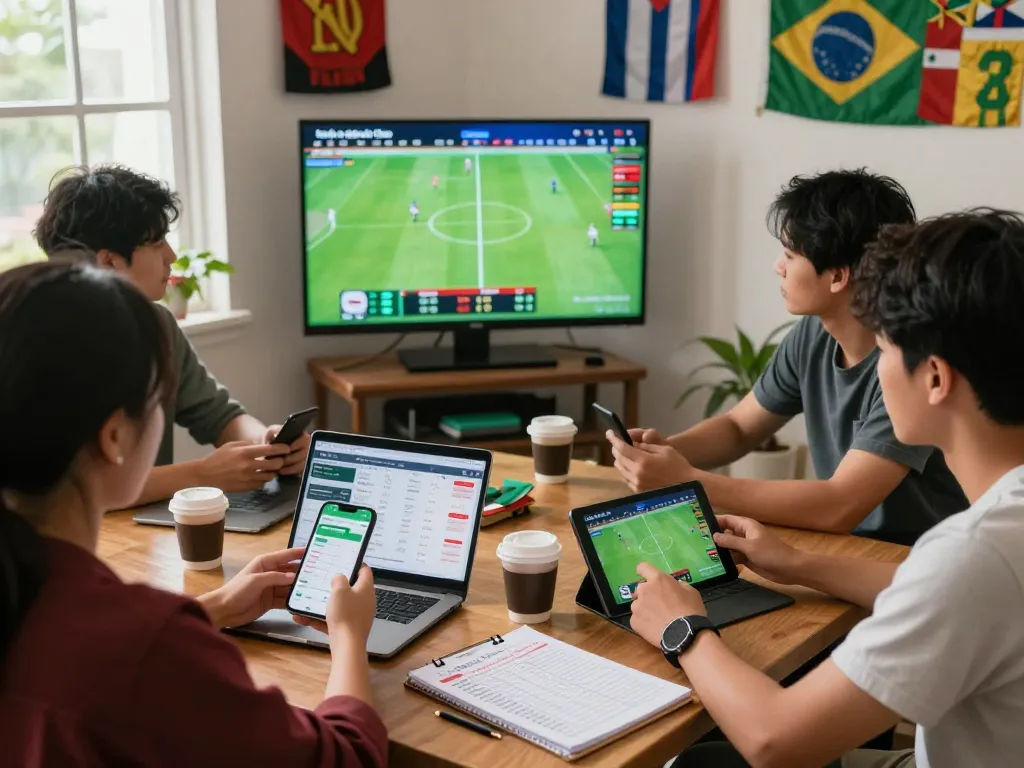 People engaging with kênh kèo nhà cái, analyzing live sports odds on multiple devices in a dynamic environment.