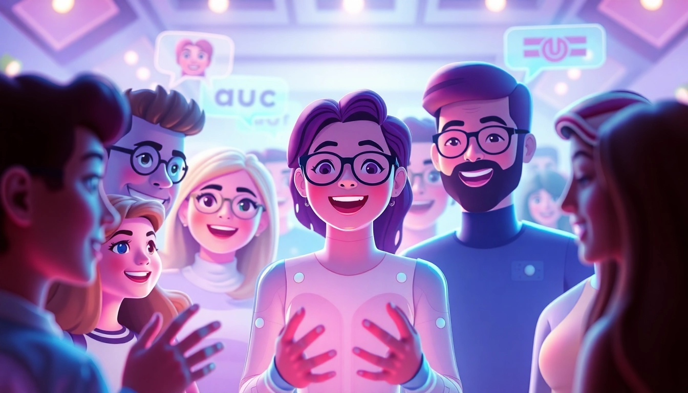 An engaging virtual chat scene featuring diverse avatars interacting with Crushon IA's AI characters, reflecting a warm and inviting atmosphere.