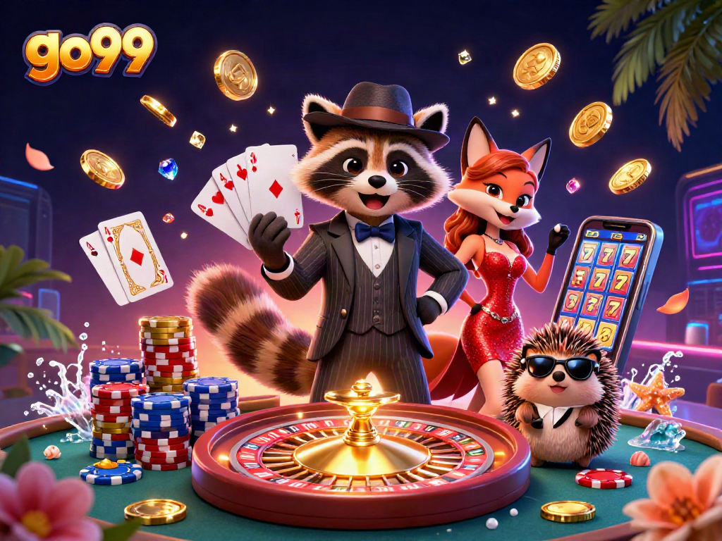 Experience the excitement at go99 with a vibrant 3D casino scene featuring dynamic gaming elements.