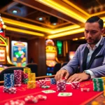 Naga99 casino scene featuring colorful chips, cards, and an exciting slot machine atmosphere.