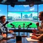 Hosts discussing Sports Broadcasting in a vibrant studio with cutting-edge technology.