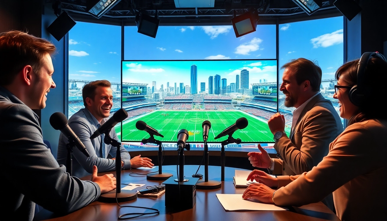 Hosts discussing Sports Broadcasting in a vibrant studio with cutting-edge technology.