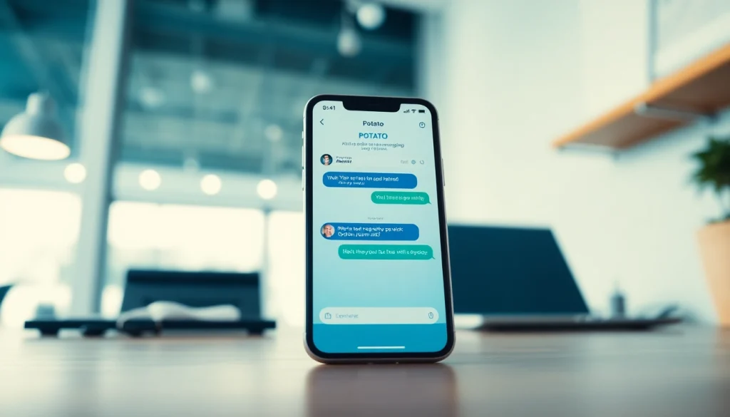 Potato messaging app on a smartphone screen in a modern workspace, emphasizing security and privacy.