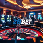 Experience the thrill of 28BET with players enjoying roulette and poker in a vibrant casino setting.