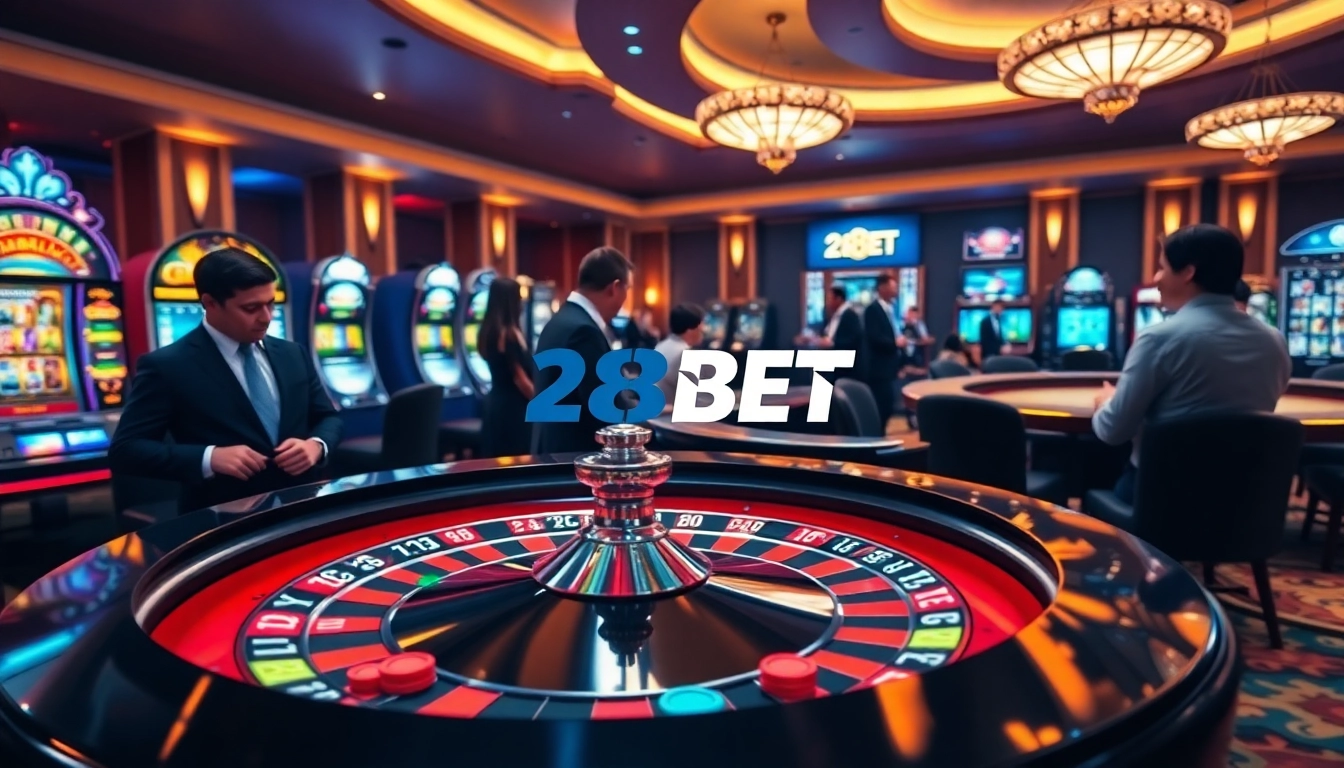 Experience the thrill of 28BET with players enjoying roulette and poker in a vibrant casino setting.
