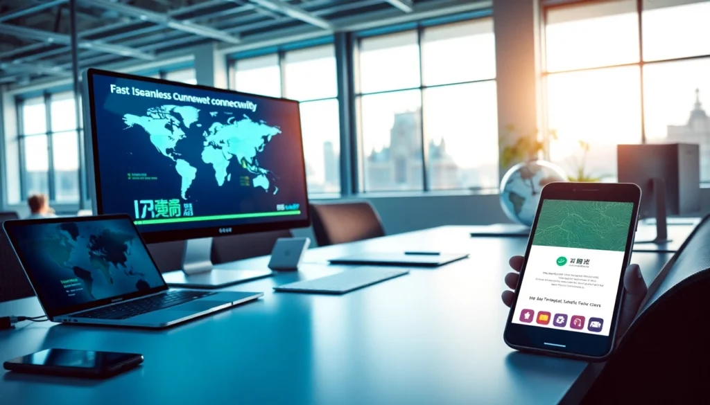 Modern office workspace with high-tech devices displaying 快连官网 for seamless global connectivity.