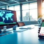 Modern office workspace with high-tech devices displaying 快连官网 for seamless global connectivity.