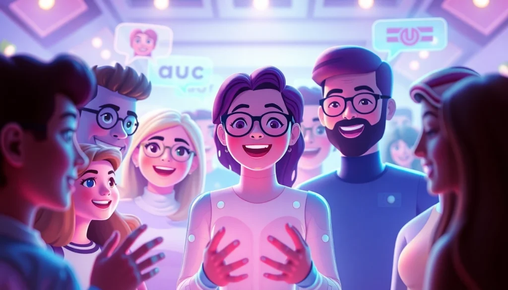 An engaging virtual chat scene featuring diverse avatars interacting with Crushon IA's AI characters, reflecting a warm and inviting atmosphere.