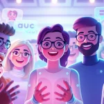 An engaging virtual chat scene featuring diverse avatars interacting with Crushon IA's AI characters, reflecting a warm and inviting atmosphere.