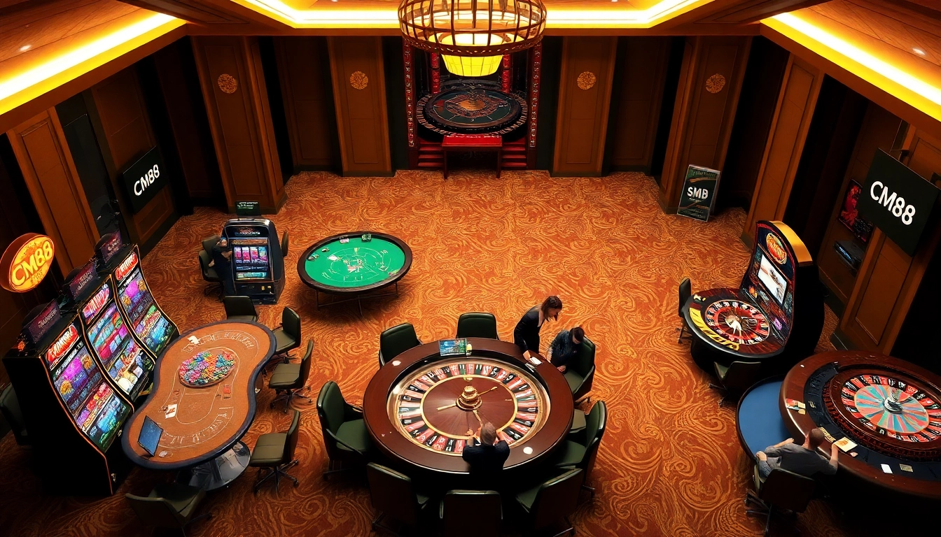 Players enjoying games at CM88 casino, featuring poker tables, roulette wheels, and vibrant slot machines.