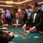 Players engaging in high-stakes blackjack at https://lc88app.com/, showcasing a dealer and immersive casino atmosphere.