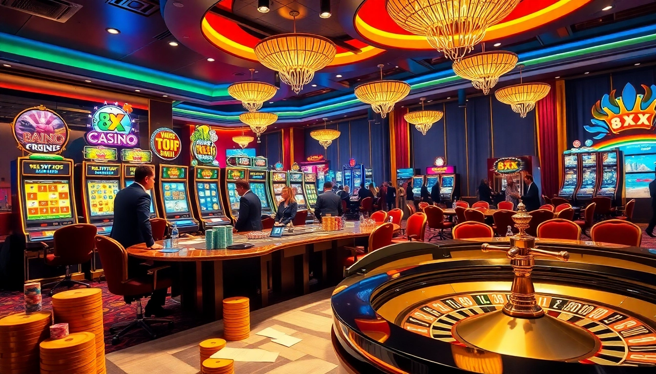 The exciting casino scene showcasing various games and the keyword 8XX prominently featured among vibrant poker chips and a roulette wheel.