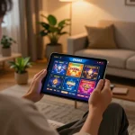 Engaging player immersing in OK365 mobile gaming at home with tablet and cozy ambiance.