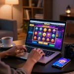Person engaging in spirited online gaming session on 789win laptop, cozy room ambiance, vibrant slot game display.