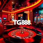 Experience the excitement of winning at TG88 casino, showcasing vibrant slot machines and a roulette table.
