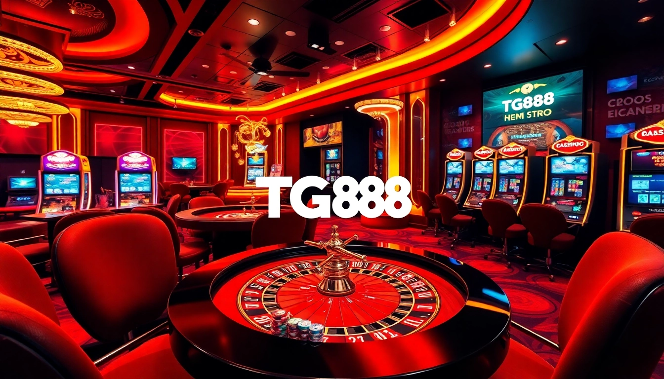 Experience the excitement of winning at TG88 casino, showcasing vibrant slot machines and a roulette table.