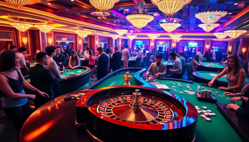 Players enjoying a thrilling game experience at vipwin casino with vibrant roulette and poker tables.