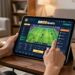 Betting on the go with rr88 gratis on a tablet in a cozy living room.